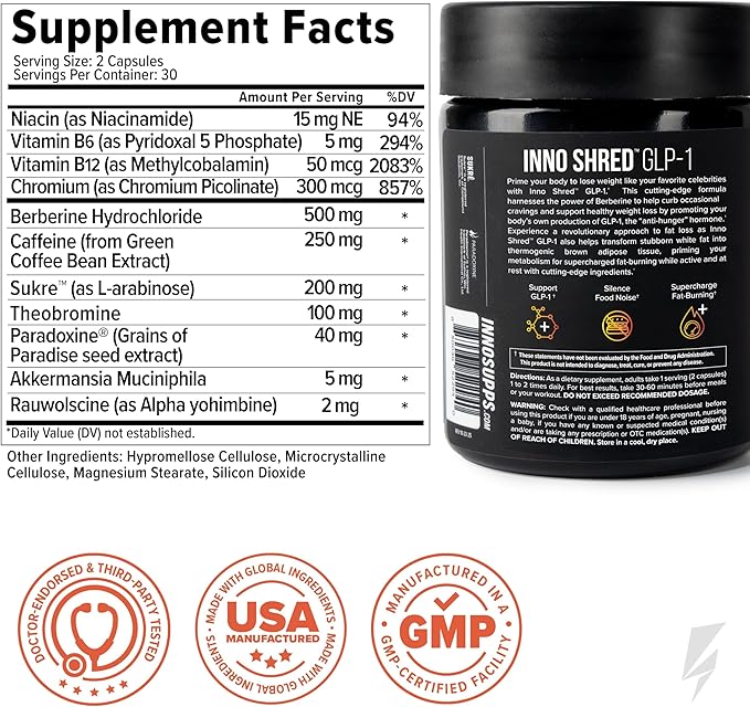 InnoSupps Inno Shred GLP-1 - Thermogenic Support + Appetite Support + Energy* - Berberine + Chromium - 60 Capsules. 30 Servings.