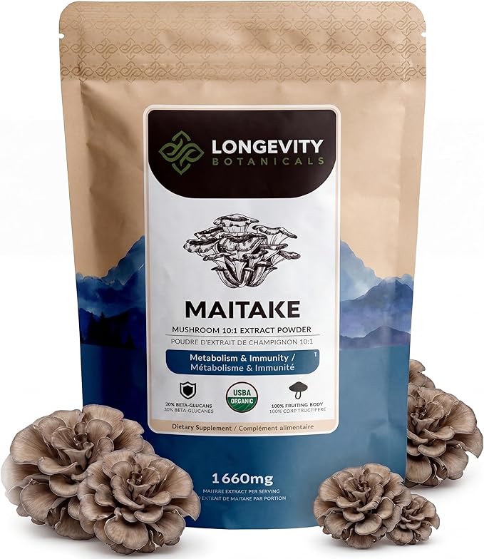 Organic Maitake Mushroom Powder Supplement 10:1 Extract 100g | Grifola Frondosa 100% Fruiting Body | ≥30% Beta-D-Glucans | 60 Servings of 1660mg | Metabolism Immune &amp Daily Wellness Support