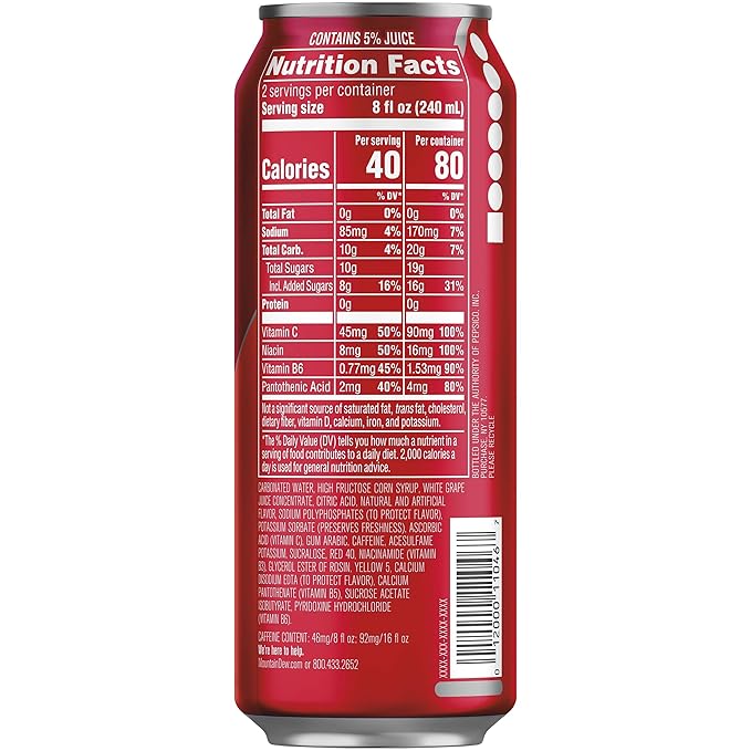 Mountain Dew Kickstart Fruit Punch 92mg Caffeine Vitamins B &amp C 80 Calories 5% Juice 16 fl oz (12 Count)