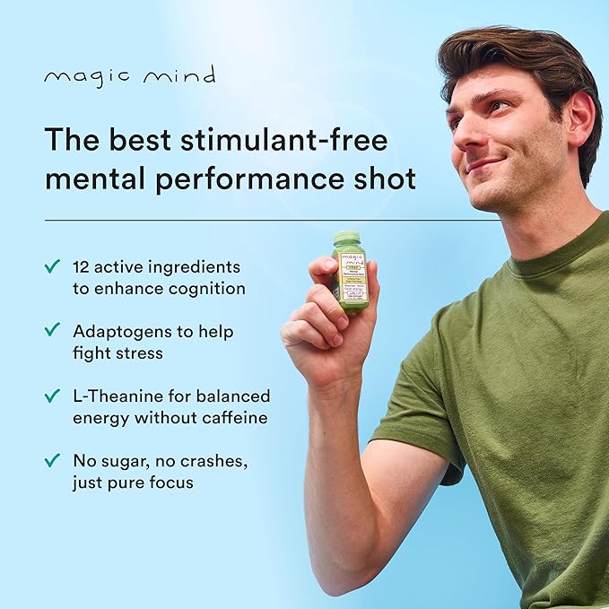 Magic Mind FREE Energy and Focus Drink Shots - Stress Relieving No Jitters Ashwagandha Vitamin B12 Vitamin C Matcha Green Tea Functional Mushrooms Caffeine Free - 2 FL Oz (15 Pack)