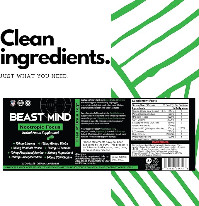 Beast Mind Focus Clarity Nootropic Blend | Ginkgo Biloba | Huperzine A | Rhodiola | Citicoline | L-Theanine | Enhanced Focus &amp Clarity &amp Cognitive Function Labs