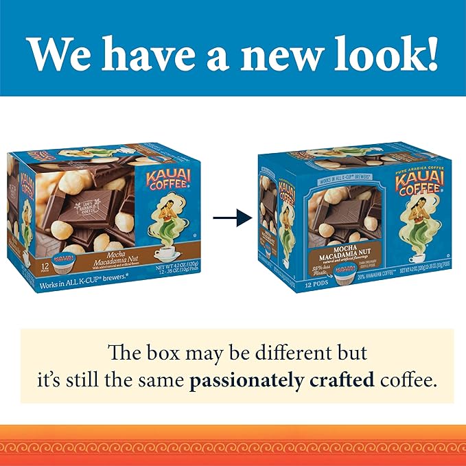 Kauai Coffee Pods Compatible with K-Cup Pods for Keurig Brewers – 20% Hawaiian Arabica – Medium Roast Rich Smooth No Bitterness – Mocha Macadamia Nut 6 Packs of 12 Single Serve Cups
