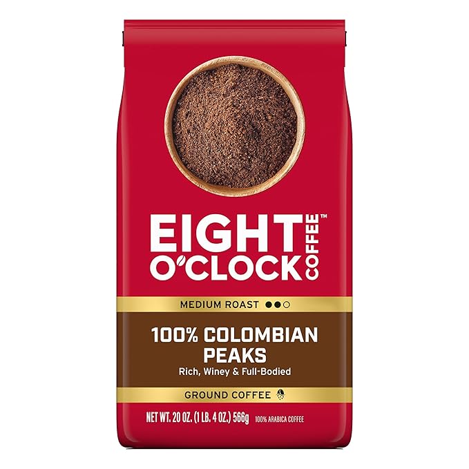 Eight O'Clock Coffee 100% Colombian Peaks Ground Coffee Medium Roast 20 Ounce (Pack of 1) - Rich Winey &amp Full Bodied