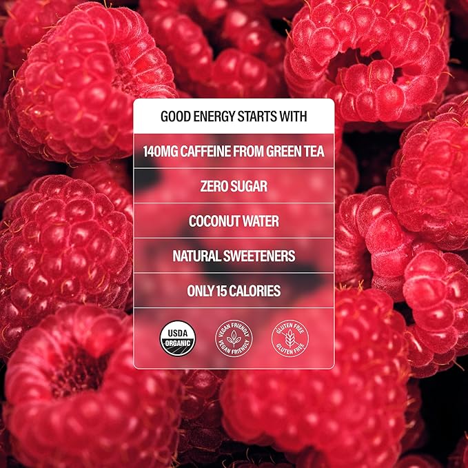 GURU ZERO SUGAR Wild Berry Organic Energy Drink with Plant Based Natural Caffeine from Green Tea Coconut Water Prebiotic Zero Added Sugars Gluten Free &amp Vegan Pre Workout 140MG Caffeine 12
