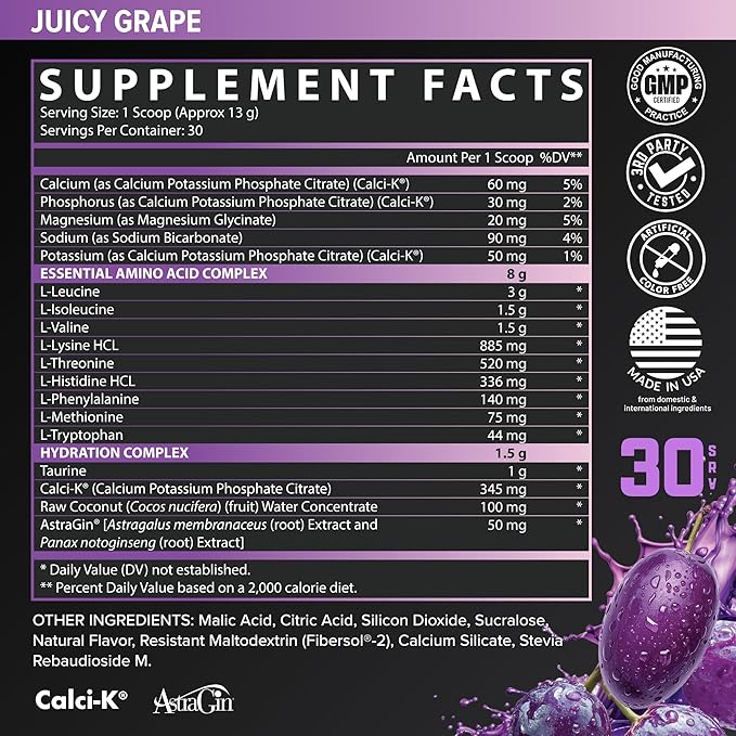 Nutrex Research EAA Hydration | EAAs + BCAA Powder | Muscle Recovery Strength Muscle Building Endurance | 8G Essential Amino Acids + Electrolytes | (Packaging My Vary) 30 Servings (Juicy Grape)