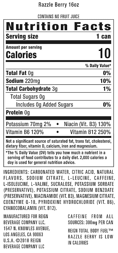 Reign Total Body Fuel Razzle Berry Fitness &amp Performance Drink 16 Ounce | Pack of 12