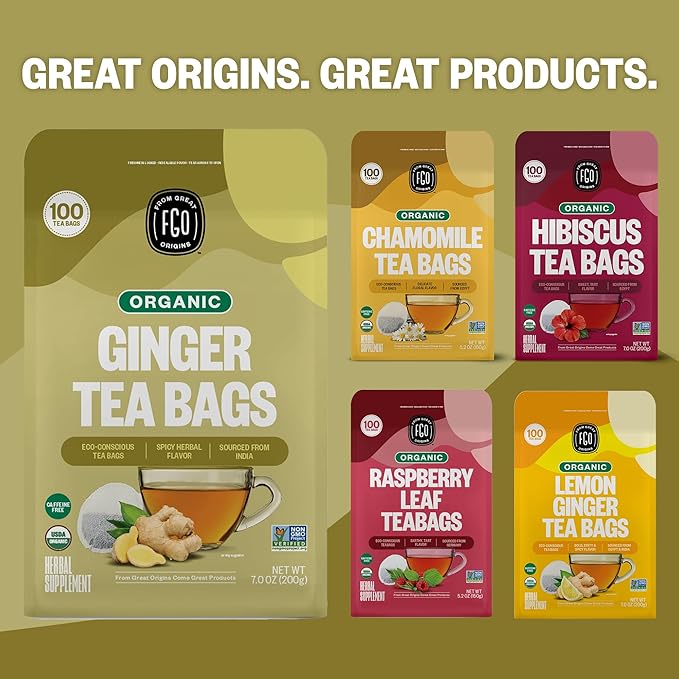 FGO Organic Ginger Tea 100 Count Eco-Conscious Tea Bags Caffeine Free Packaging May Vary (Pack of 1)