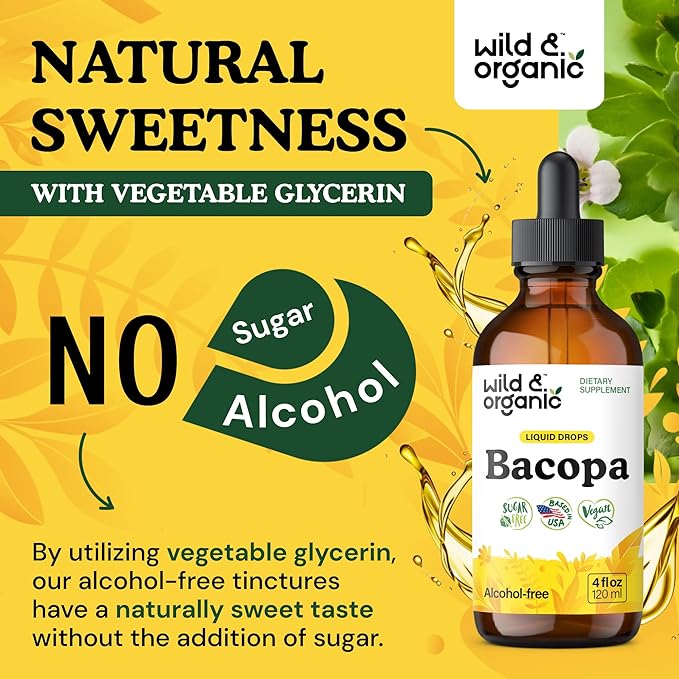 Wild &amp Organic Bacopa Liquid Drops - Herbal Tincture for Brain Support - Vegan Supplements with Bacopa Monnieri Extract Liquid - 5-Month Supply - Sugar &amp Alcohol-Free - 4 fl oz