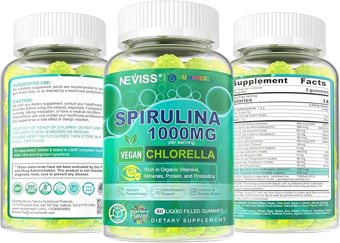 NEVISS Spirulina &amp Chlorella Gummies - Probiotic &amp Super Greens Supplement Superfood Rich in Antioxidants Chlorophyll Protein Essential Amino Acids for Cellular Energy Immunity &amp Eye