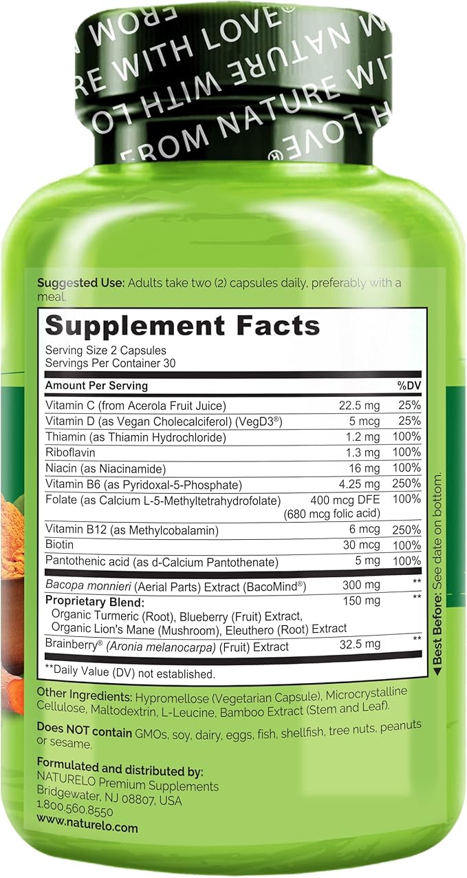 NATURELO Whole Food Brain Supplement - Brain Health Supplements for Memory &amp Focus Support - Enhance Brain Health Blend Supplement for Adults - 60 Vegetarian Capsules