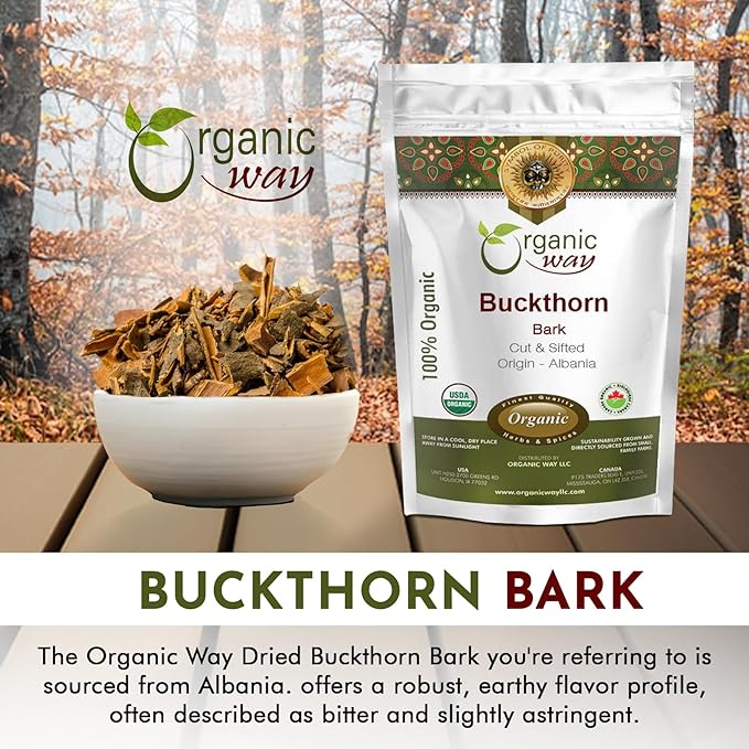Organic Way Dried Buckthorn Bark (Frangula Alnus) Cut &amp Sifted - Organic &amp Kosher Certified | Raw Vegan Non GMO &amp Gluten Free | USDA Certified | Origin - Albania (1LBS / 16Oz)