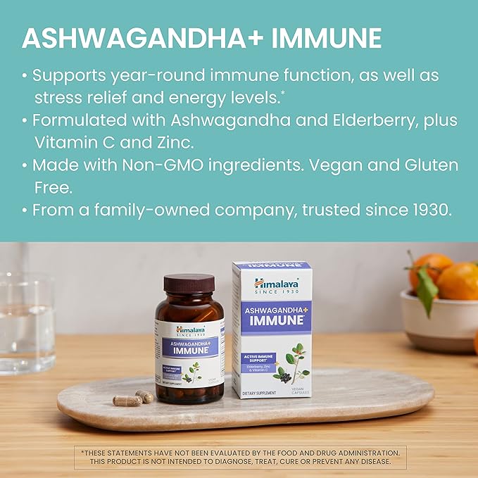 Himalaya Ashwagandha+ Immune - Herbal Immune Support Supplement with Vitamin C Zinc Elderberry and Amla for Immunity - Vegan Non-GMO Gluten Free 960 mg 60 Capsules