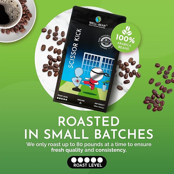 Well-Bean Coffee - Scissor Kick Blend Ground Coffee Gluten-Free Keto Coffee Papua New Guinea Brazilian and Sumatra Coffee Dark Roasted Coffee 2 lb
