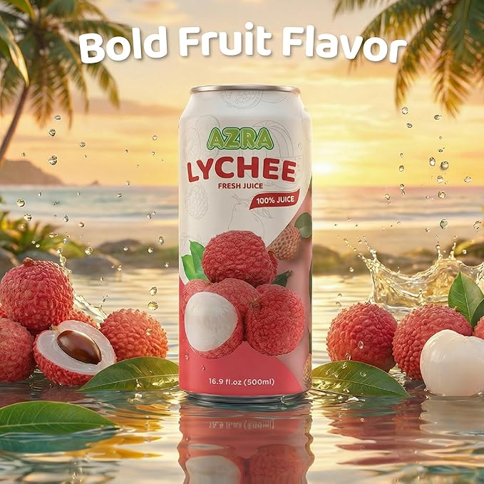 AZRA 100% Lychee Juice – Exotic Fruit Juice in 500ml Cans – Zero Sugar Juice Healthy Beverages Variety Pack for Kids and Adults – Bulk 100% Juice Pack 12 Count