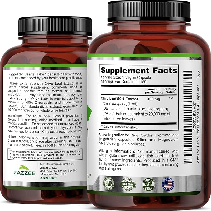 Zazzee Extra Strength Olive Leaf 50:1 Extract 40% Oleuropein 150 Vegan Capsules 5 Month Supply Olea Europaea Mediterranean Source Potent Antioxidant &amp Immune Support Non-GMO Made in the US