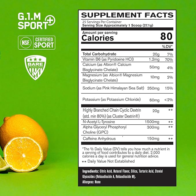 BARE PERFORMANCE NUTRITION G.1.M Sport+ Endurance Pre-Workout – Lemon Lime | 25 Servings | 20g Carbs 350mg Sodium 150mg Caffeine | Electrolytes Nootropics &amp Cluster Dextrin® for Energy &amp Fo