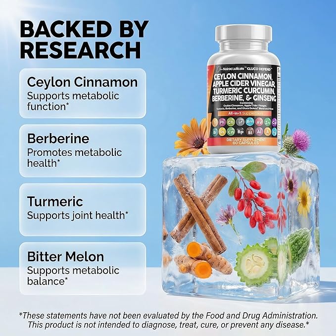 Clean Nutraceuticals Ceylon Cinnamon Capsules + Berberine Turmeric Apple Cider Vinegar Ginseng Bitter Melon Gymnema Milk Thistle Fenugreek Supplement Pills Powder for Men &amp Women