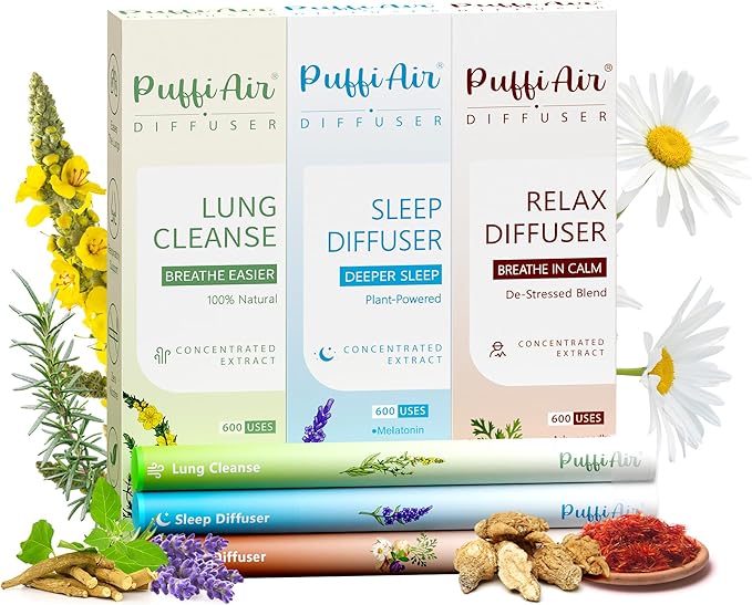 Herbal Diffuser Trio Lung Cleanse Sleep and Relax Diffuser with Extract of Mullein Melatonin and and Chamomile 100% Natural Swap Wellness De-Stress Trio 600 Uses Each
