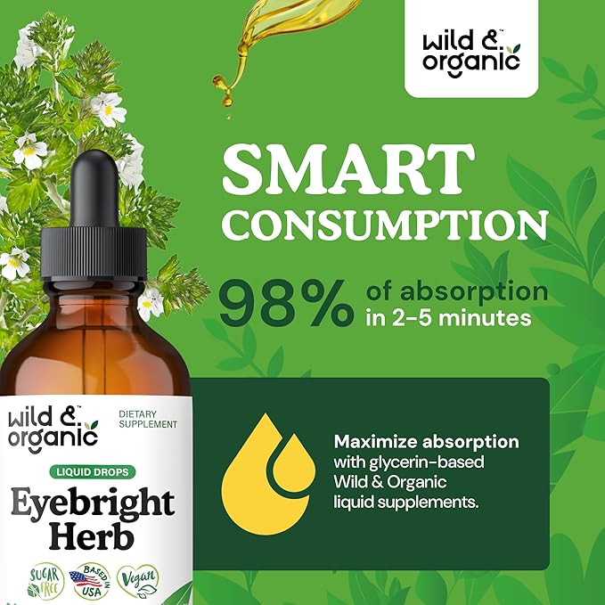 Wild &amp Organic Eyebright Herb Tincture - Vision Support with Euphrasia Extract - Dietary Eyebright Drops 500 mg - Vegan Sugar &amp Alcohol-Free Liquid Supplement - 4 fl oz