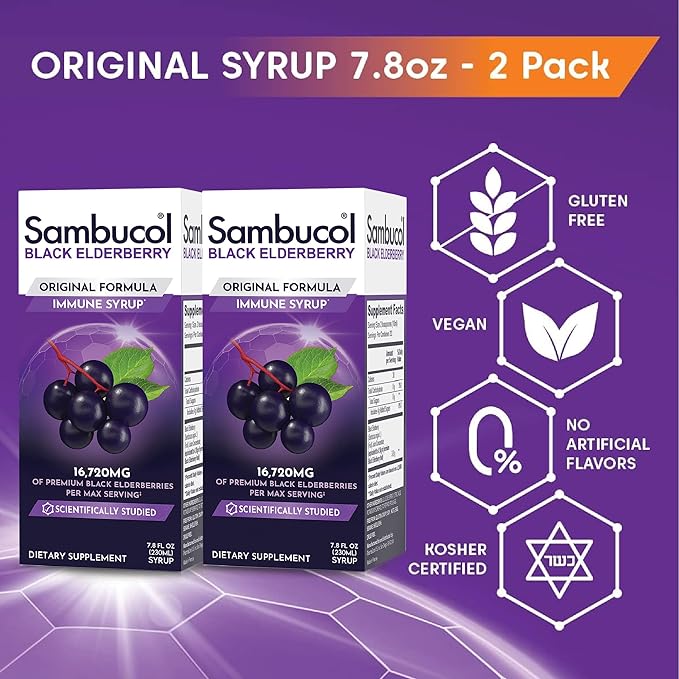 Sambucol Black Elderberry Syrup - Black Elderberry Liquid Immune Support for Kids and Adults High Antioxidants Gluten Free - Original Formula - 7.8 Fl Oz 2-Pack