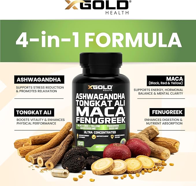 Ashwagandha 5000mg + Tongkat Ali 1000mg + Maca Root 5000mg + Fenugreek 3000mg Supplement | Black + Red + Yellow Maca Root Extract &amp Fenugreek Herbal Supplements for Men &amp Women - Made in USA