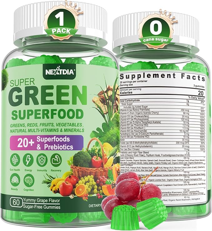 Super Greens Gummies Greens Superfood Powder Alternative w/Spirulina Chlorella Prebiotic Fiber Probiotic Fruit Veggie Daily Greens Vegetable for Digestive &amp Gut Health Immunity Focus 60 C