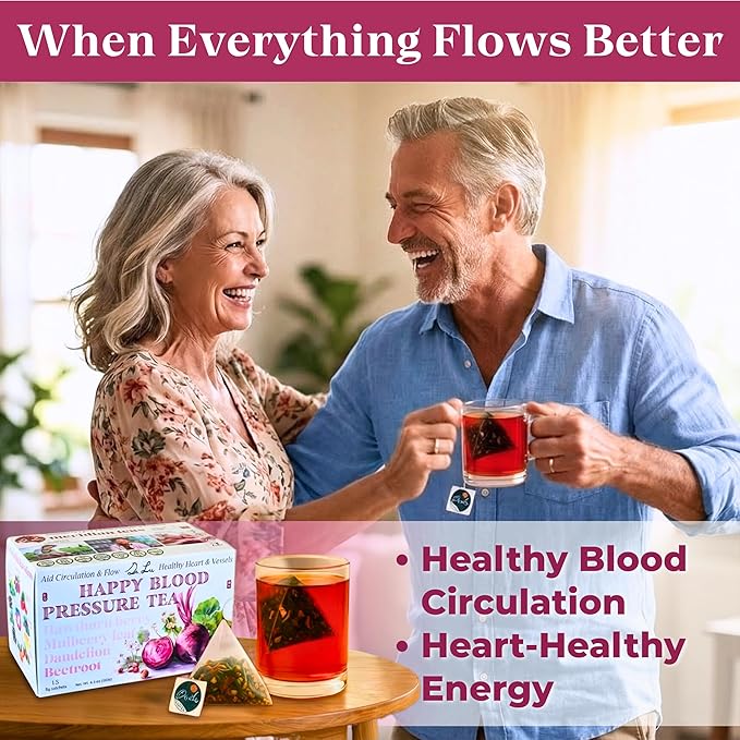 Dr. Lu’s Happy Blood Pressure Tea | 100% Natural Heart Functional Tea for Blood Pressure Support | Beetroot Hawthorn Berry Mulberry Leaf Dandelion 10 Super Herbs in Corn Fiber Pyramid Bags