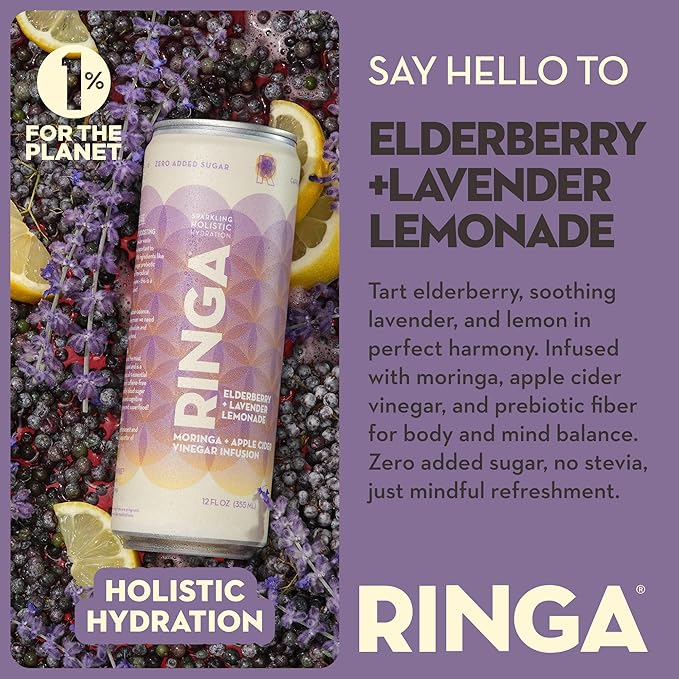 RINGA Elderberry Lavender Lemonade Sparkling Drink – Organic Moringa + Apple Cider Vinegar with 3g Prebiotic Fiber – No Added Sugar No Natural Flavors – Gut Health &amp Immunity Support – 12oz Cans