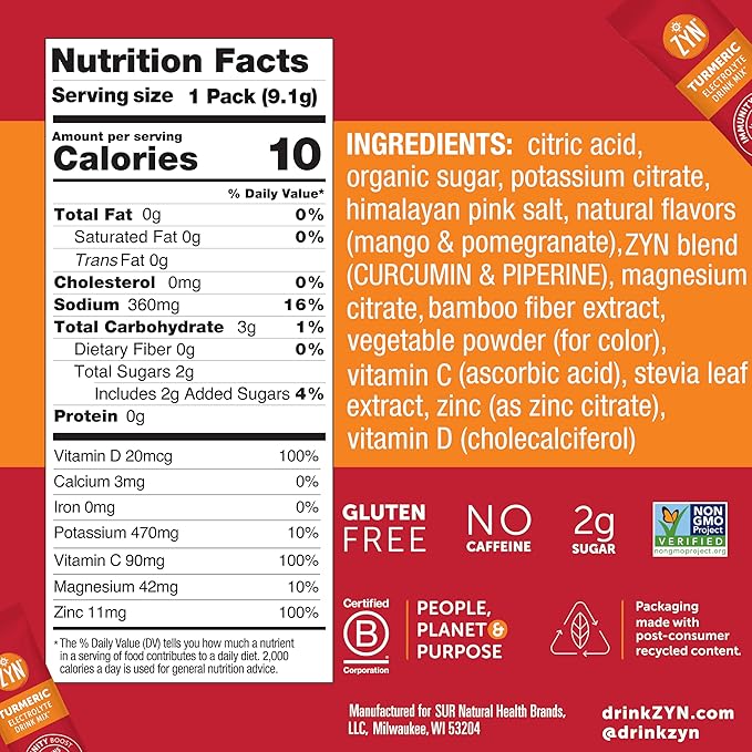 ZYN Electrolyte Drink Mix Hydration Packets Mango Pomegranate Electrolytes Powder Pack of 32