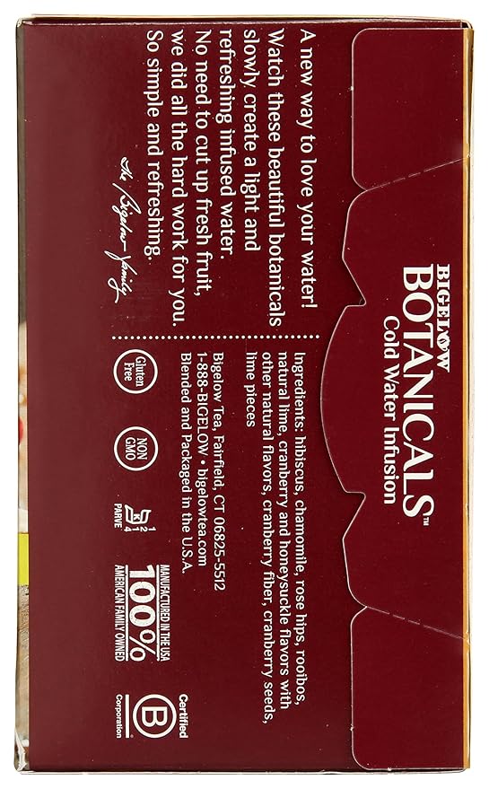 Bigelow Botanicals Cold Water Infusion Cranberry Lime Honeysuckle Tea Bags 18 Count Box (Pack of 1) Herbal Infusion Caffeine Free 18 Tea Bags Total
