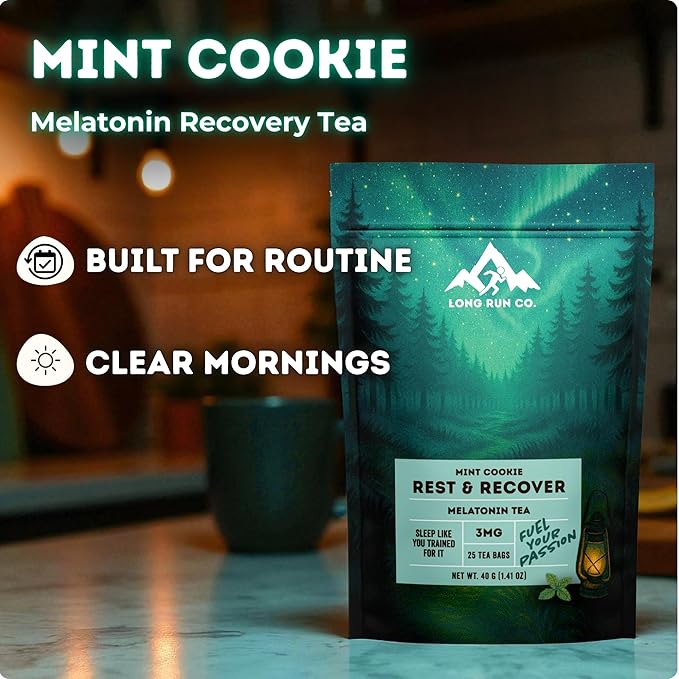 Rest &amp  Recover Sleep Tea by Long Run Co. – Caffeine‑Free Herbal Tea with Melatonin (25 Tea Bags) – All Natural Better Sleep &amp Recovery Wake Up Refreshed [6mg Melatonin Mint Cookie]