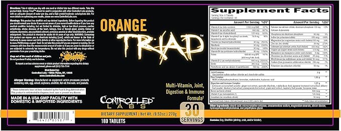 CONTROLLED LABS Orange Triad Daily Multivitamin Iron Free Sports Supplement for Workout Digestion Immune and Joints 30 serv - Tablets (180 Count (Pack of 1))