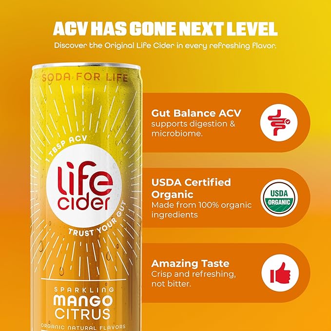 Life Cider Mango Citrus Flavored Apple Cider Vinegar Soda 12 Pack Organic Sparkling AVC Drink Natural Flavors Promotes Gut Health Vitamins C B12 Zinc D3