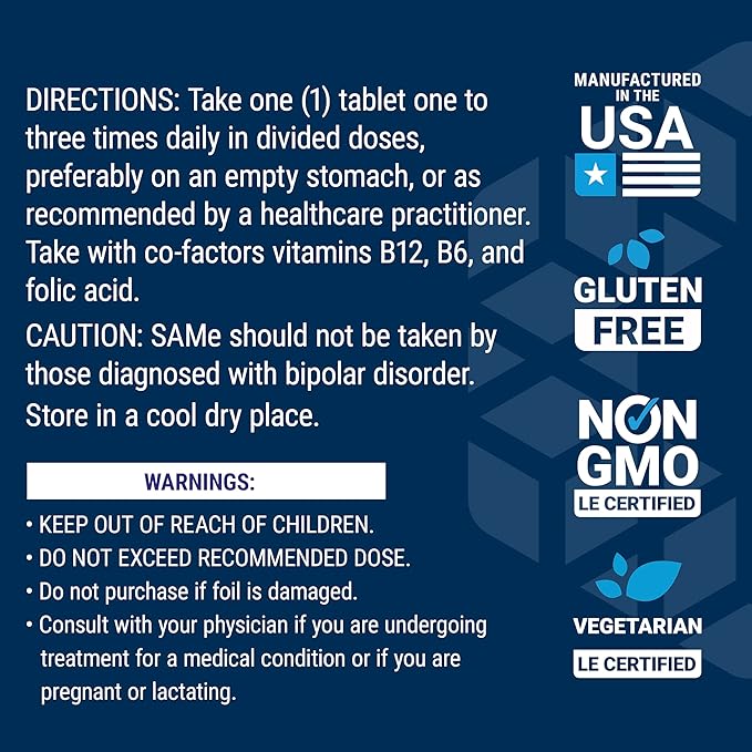 Life Extension Same S-Adenosyl-Methionine 400 mg Best-Selling Mood Health Liver Health and Joint Support Supplement Non-GMO Vegetarian Gluten Free 60 enteric-Coated Tablets