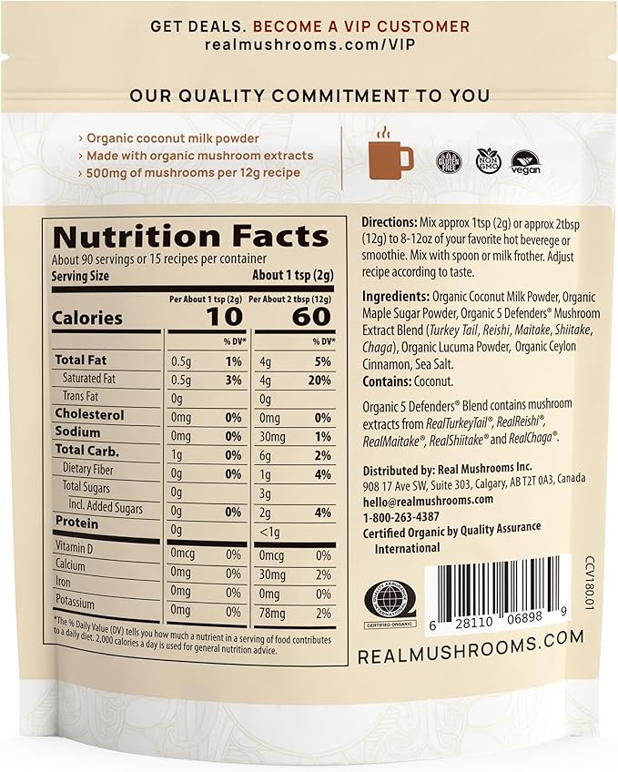 Real Mushrooms Functional Coconut Creamer with Reishi Lucuma &amp Ceylon Cinnamon – Organic Dairy-Free – Vegan Coffee Creamer for Smoothies &amp Drinks – 90 Servings Organic Cream Coconut Powder