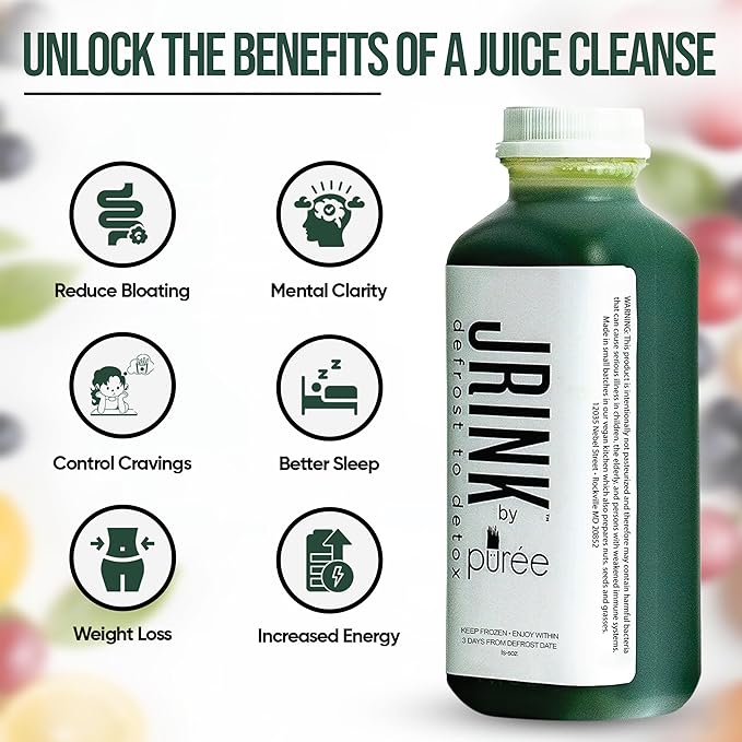 JRINK by Purée Super Green Juice Cold Pressed Organic Vegetable Blend Detox Drink Healthy Raw Greens Juice Cleanse No Preservatives Fresh Detox Cleanse 16oz HDPE Bottles Pack of 24