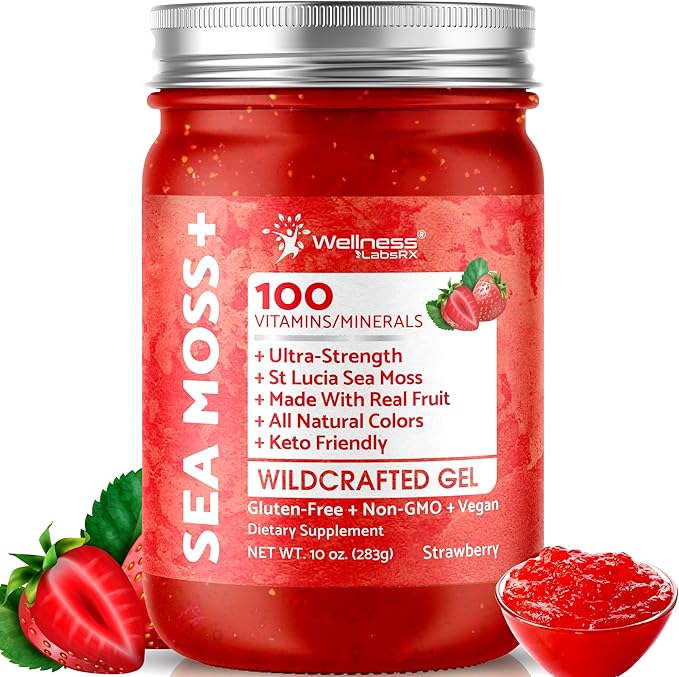 Sea Moss Gel - Wildcrafted Seamoss Gel Superfood - Strawberry Flavor USA-made Irish Sea Moss Vitamin and Mineral-Rich from Pristine Caribbean Waters Immune and Digestive Health Support - 10 oz.