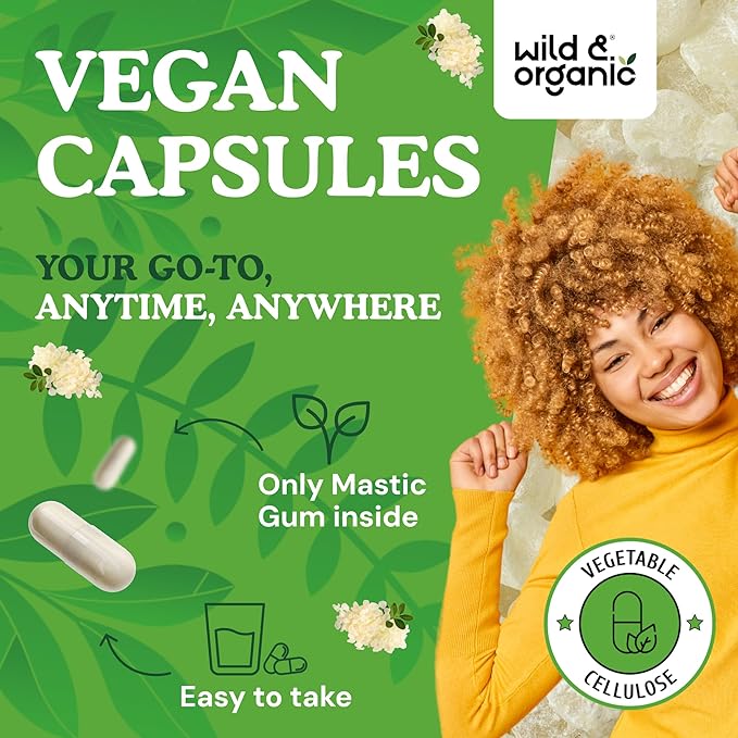 Wild &amp Organic Mastic Gum Capsules - 1000 mg Mastic Gum Resin Supplement for Gut Support - 90 Days of Supply - 180 Vegan Capsules - No Fillers Non-GMO Gluten-Free
