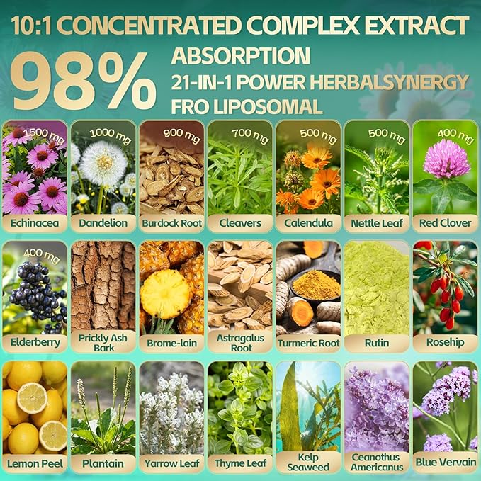 21-in-1 Liposomal Lymphatic Drainage Supplements 100 Day Supply 6000mg Lymph System Support for Women &amp Men with Echinacea Dandelion Burdock Bromelain Calendula Turmeric &amp More 300 Sof