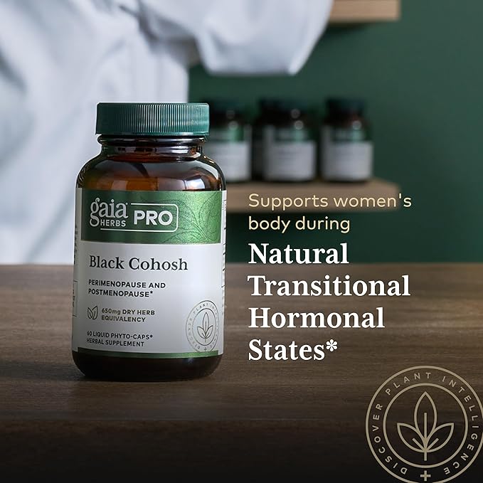 GAIA HERBS PRO Black Cohosh PRO - Healthy Perimenopause &amp Post Menopause Support Supplement* - Women's Health Supplement with Black Cohosh Root Extract - Vegan - 60 Liquid Phyto-Caps (60 Servings)