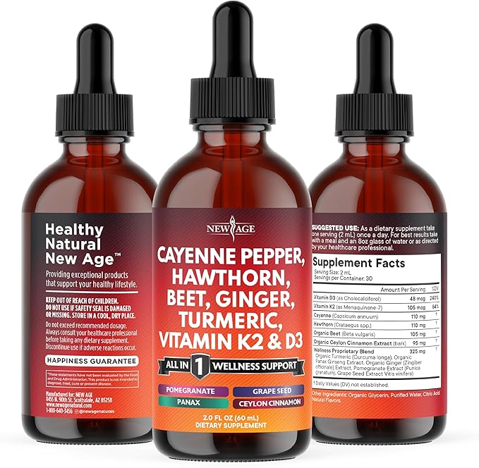 Cayenne Pepper Supplement Liquid Drops + Hawthorn Berry Vitamin D3 K2 Beet Root Powder Ceylon Cinnamon Turmeric Curcumin Organic Panax Ginseng - 2oz