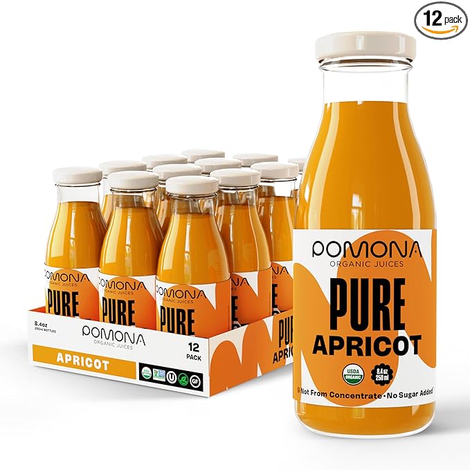 Pomona Organic Apricot Juice Cold Pressed USDA Organic Juices 100% Apricots No Added Sugar Not From Concentrate Vegan Kosher Non GMO Pasteurized 8.4 oz Glass Bottles (Pack of 12)(Packaging Ma