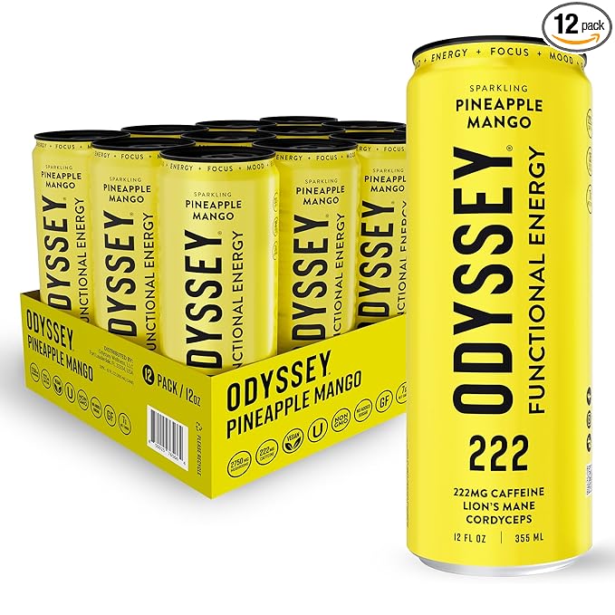 Odyssey Elixir - Odyssey 222 - Sparkling Energy Drink - 222 mg of Caffeine - Lion's Mane &amp Cordyceps - Energy &amp Focus - Endurance &amp Stamina - Nootropic - Pre Workout - Pineapple Mango