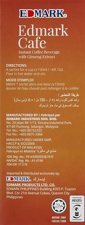 EDMARK Ginseng Coffee Pods | Arabica Coffee Blend Infused w/Ginseng | Supports Energy Focus Vitality &amp Overall Wellness | Low Sugar Aspartame-Free Instant Coffee | 20 Sachets x 18g Enjoy Anytim