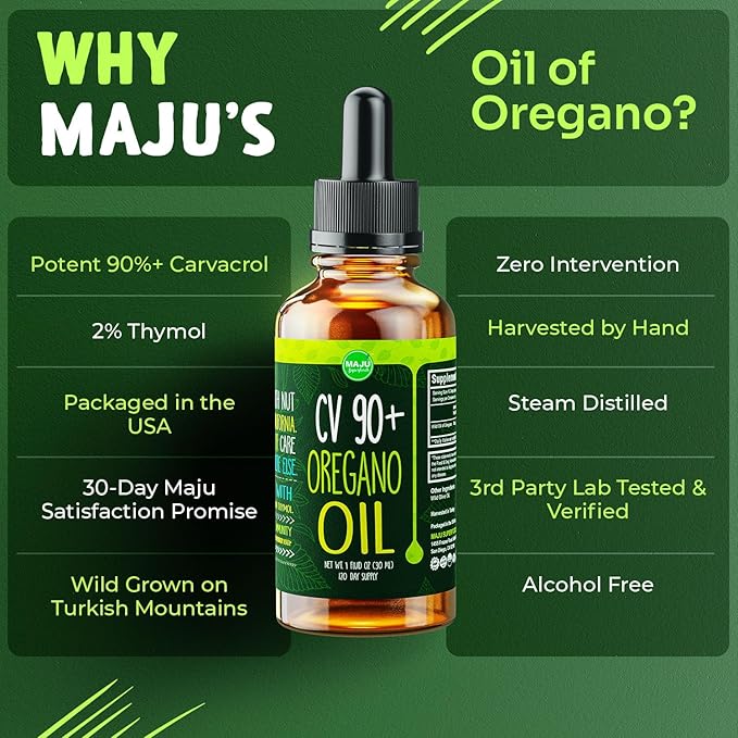 Maju Superfoods Oregano Oil Drops Potent 90%+ Carvacrol (1 fl Oz) Wild Mediterranean Essential Oil of Oregano Liquid Aceite de Oregano Immune and Seasonal Support (Pack of 2)