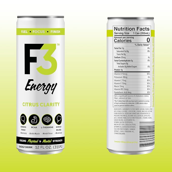 F3 Energy Citrus Clarity Energy Drink - Muscle Building Sports Drinks w/BCAA Panax Ginseng &amp Ginkgo Biloba - Natural Energy Drinks for Mental Focus &amp Muscle Recovery 125 mg Caffeine (12 pack