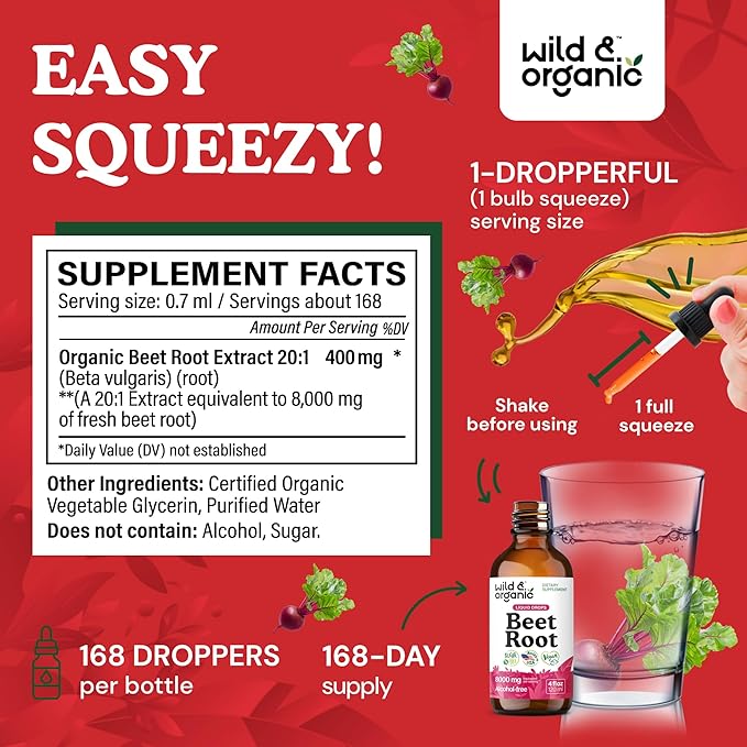 Wild &amp Organic Beet Root Extract Drops - 8000 mg Fresh Beetroot Extract Equivalent - Extract 20:1 - Liquid Red Beets Supplements - 400 mg per Serving - Vegan Alcohol &amp Sugar-Free - 4 fl oz