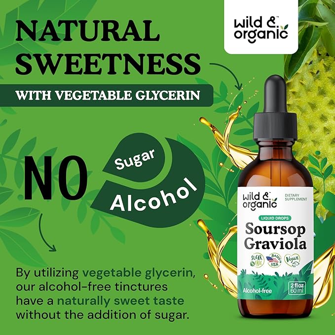 Wild &amp Organic Soursop Graviola Liquid Drops - Antioxidant &amp Digestive Support - Alcohol-Free Soursop Extract - Sugar-Free Guanabana Leaves Tincture - Vegan Graviola Leaf Extract Supplement -