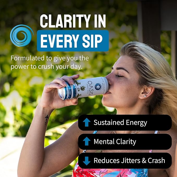 Oasis Energy Drink - Blue Raspberry (12-Pack) Smooth Clean Energy with Focus-Boosting Nootropics Zero Sugar Low-Calorie Vegan Gluten-Free Juicy Fruity Flavor Perfect for Work &amp Daily Workout