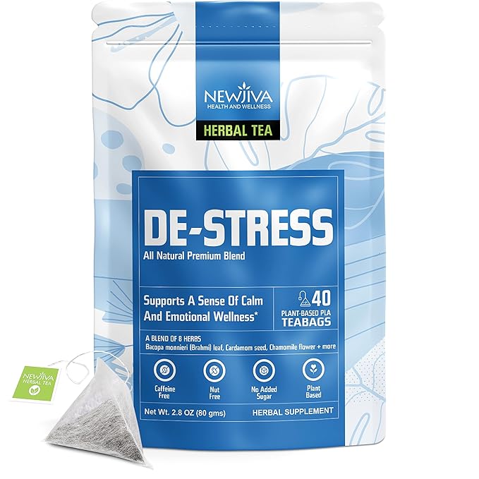 Newjiva De-Stress Herbal Tea - 40 Tea Bags Per Pack - All Natural - Caffeine Free - Includes Bacopa monnieri (Brahmi) Chamomile Lavender Rose Ashwagandha &amp more- GMP Certified Facility